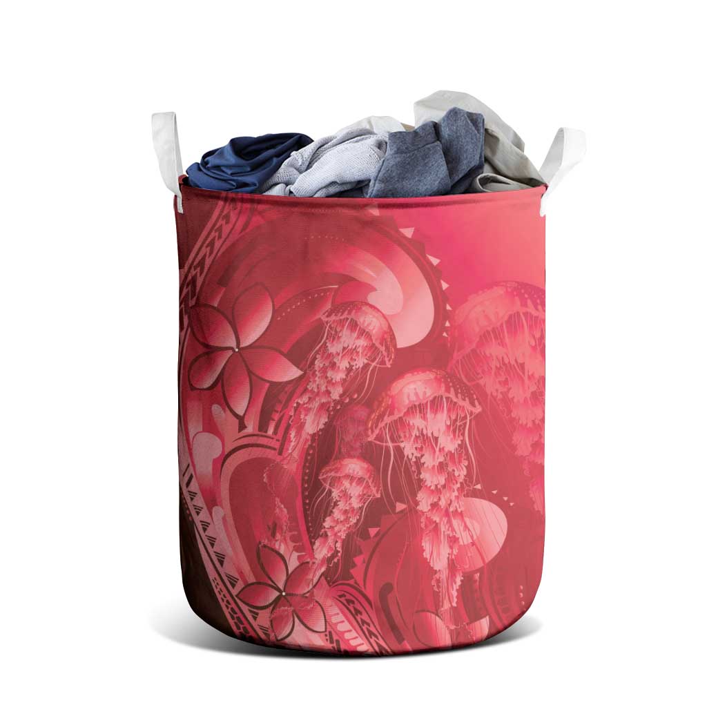 Red Gradient Polynesia Jellyfish Laundry Basket Plumeria Polynesian Tattoo Glowing Vibes