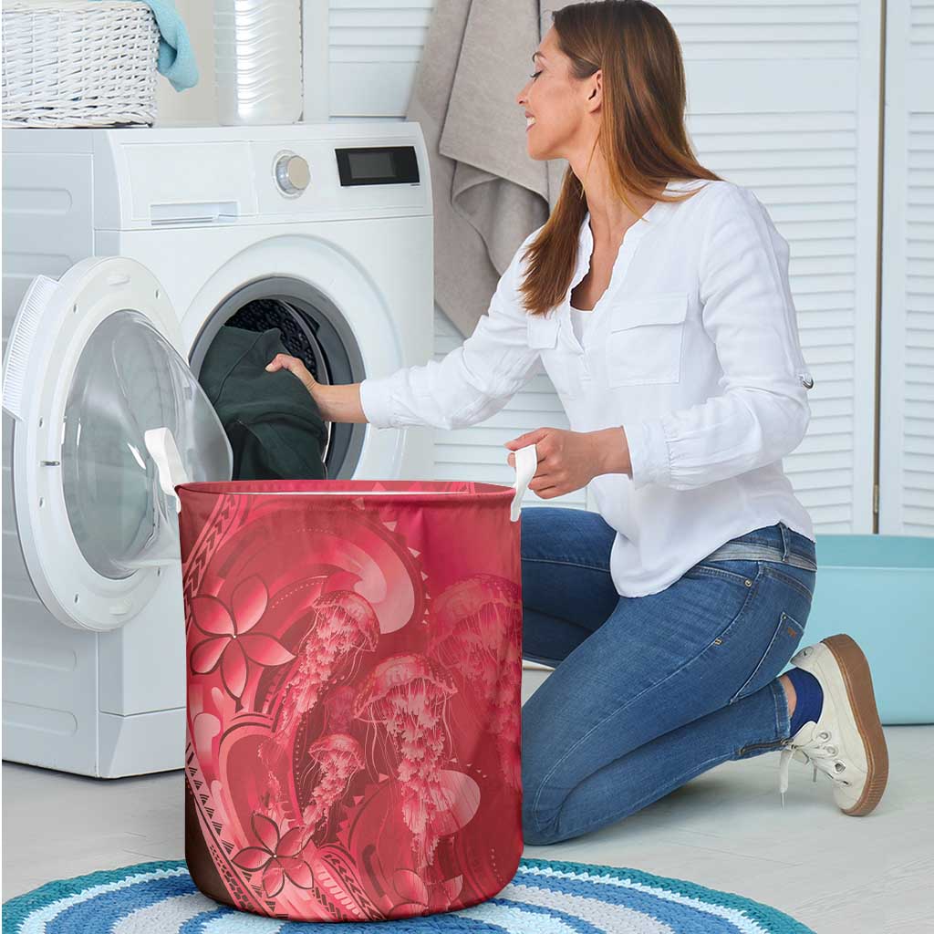 Red Gradient Polynesia Jellyfish Laundry Basket Plumeria Polynesian Tattoo Glowing Vibes