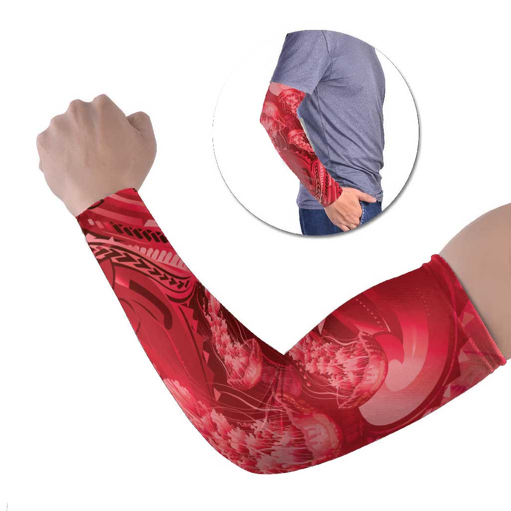 Red Gradient Polynesia Jellyfish Arm Sleeves Plumeria Polynesian Tattoo Glowing Vibes LT14 Set of 2 Red - Polynesian Pride