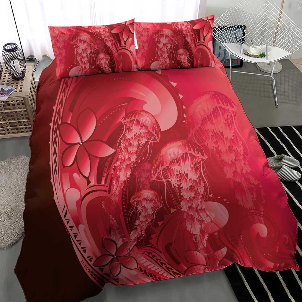 Red Gradient Polynesia Jellyfish Bedding Set Plumeria Polynesian Tattoo Glowing Vibes