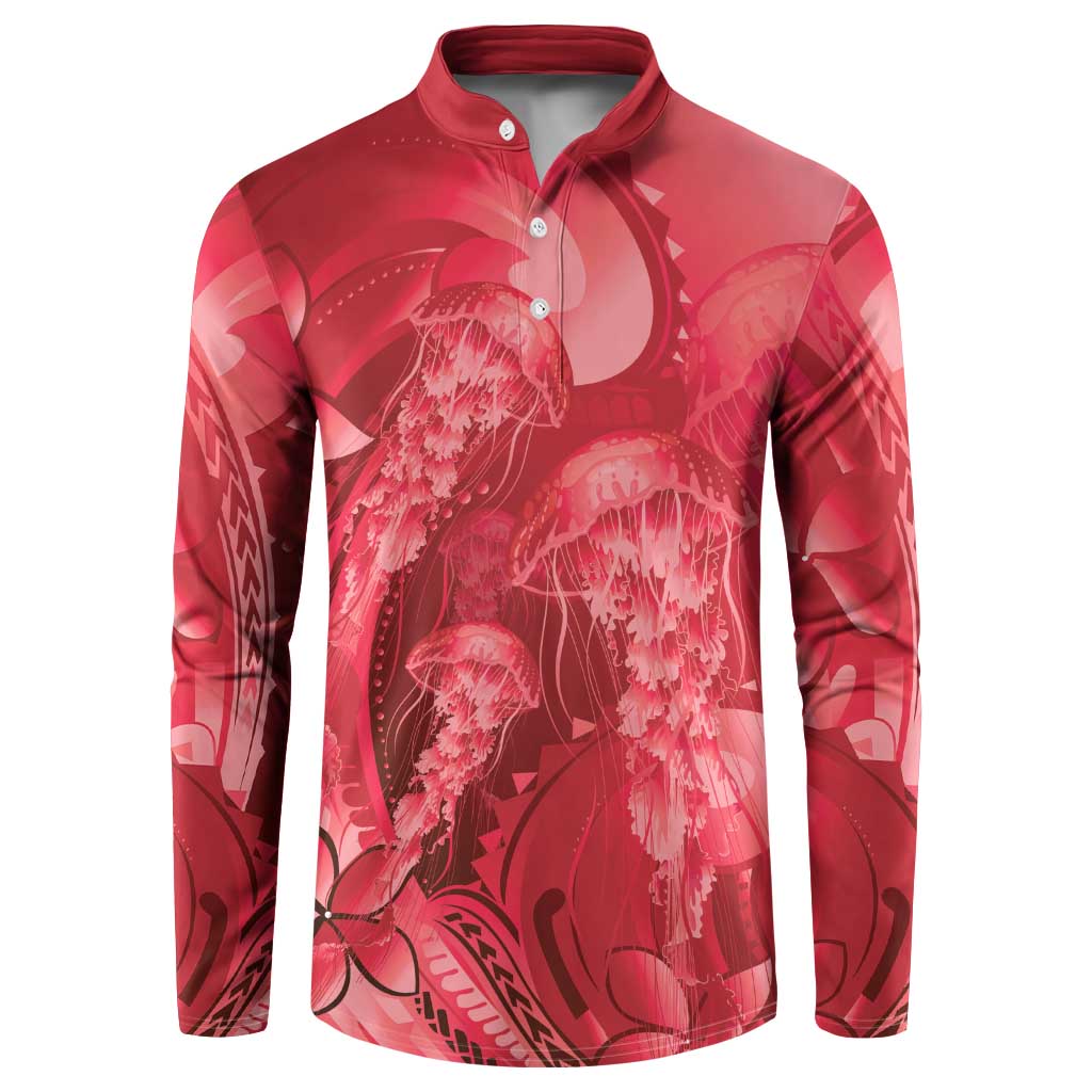 Red Gradient Polynesia Jellyfish Button Sweatshirt Plumeria Polynesian Tattoo Glowing Vibes LT14 Red - Polynesian Pride