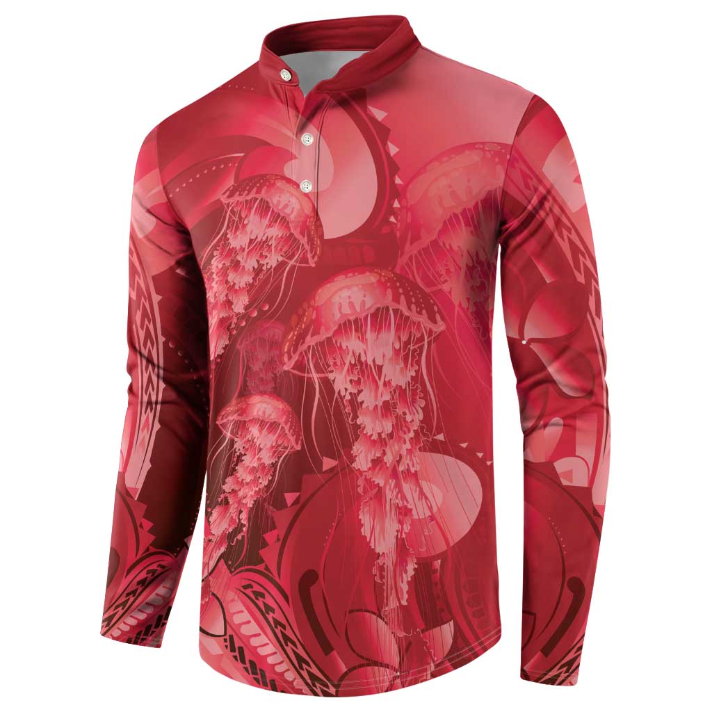 Red Gradient Polynesia Jellyfish Button Sweatshirt Plumeria Polynesian Tattoo Glowing Vibes LT14 - Polynesian Pride