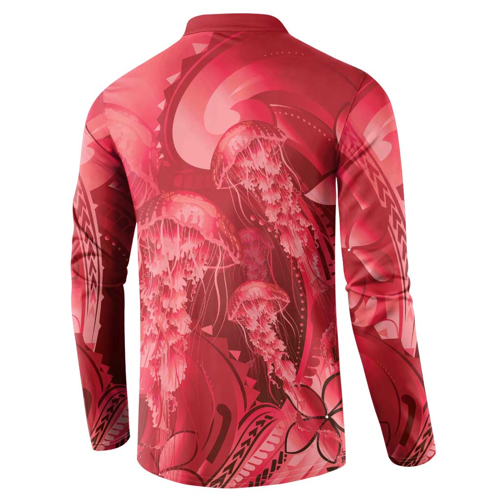 Red Gradient Polynesia Jellyfish Button Sweatshirt Plumeria Polynesian Tattoo Glowing Vibes LT14 - Polynesian Pride