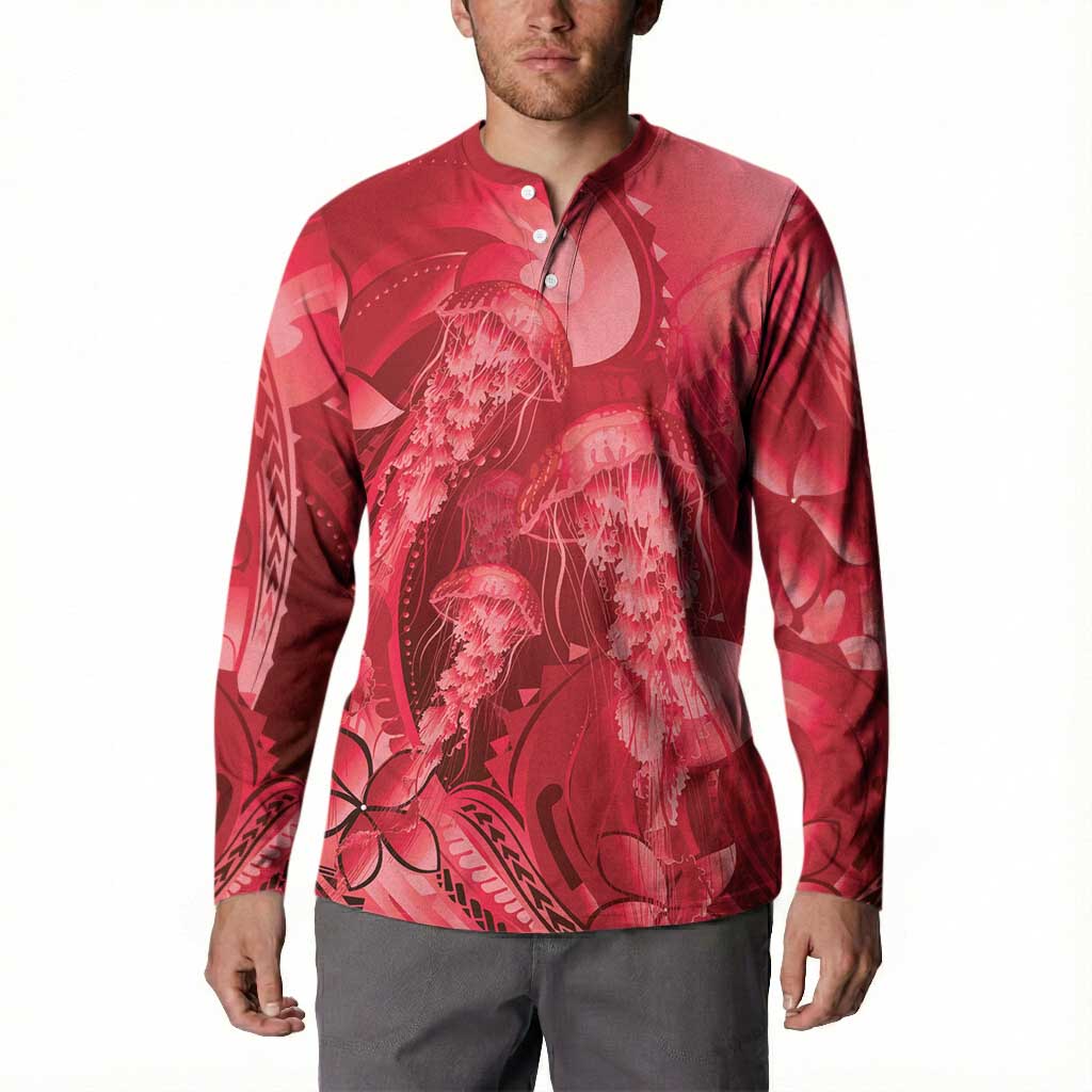Red Gradient Polynesia Jellyfish Button Sweatshirt Plumeria Polynesian Tattoo Glowing Vibes LT14 - Polynesian Pride