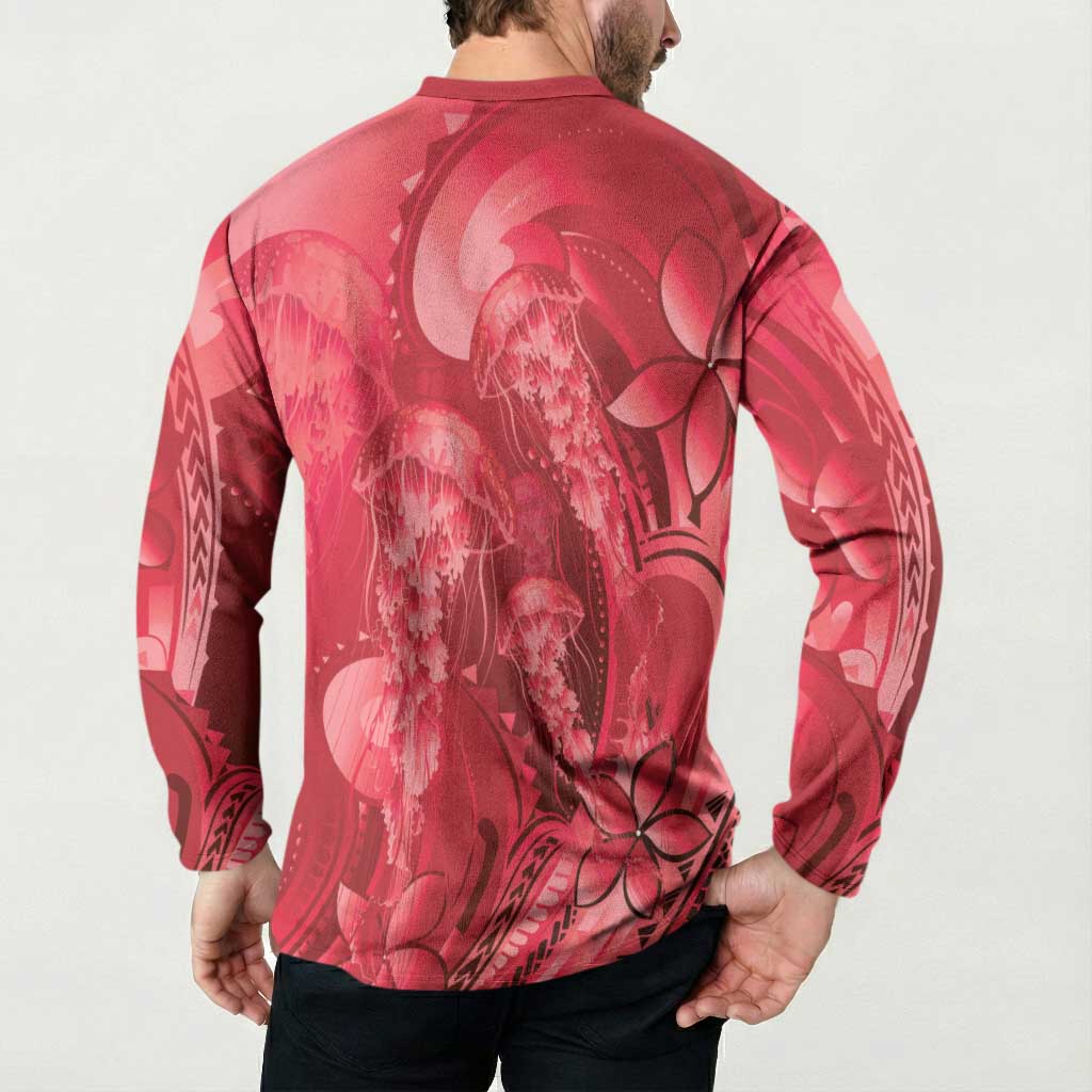 Red Gradient Polynesia Jellyfish Button Sweatshirt Plumeria Polynesian Tattoo Glowing Vibes LT14 - Polynesian Pride
