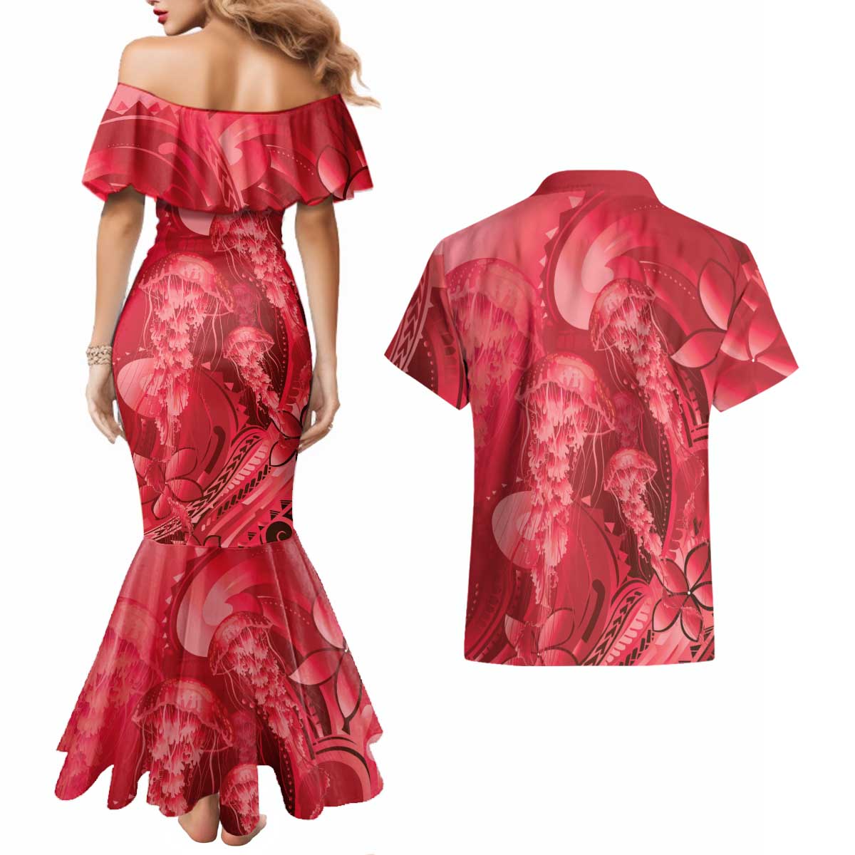 Red Gradient Polynesia Jellyfish Couples Matching Mermaid Dress and Hawaiian Shirt Plumeria Polynesian Tattoo Glowing Vibes