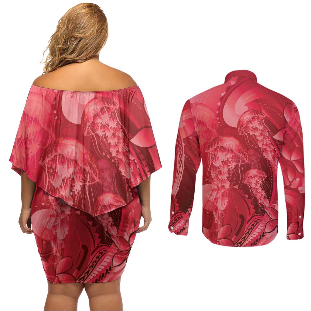 Red Gradient Polynesia Jellyfish Couples Matching Off Shoulder Short Dress and Long Sleeve Button Shirt Plumeria Polynesian Tattoo Glowing Vibes