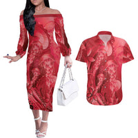 Red Gradient Polynesia Jellyfish Couples Matching Off The Shoulder Long Sleeve Dress and Hawaiian Shirt Plumeria Polynesian Tattoo Glowing Vibes