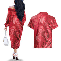 Red Gradient Polynesia Jellyfish Couples Matching Off The Shoulder Long Sleeve Dress and Hawaiian Shirt Plumeria Polynesian Tattoo Glowing Vibes