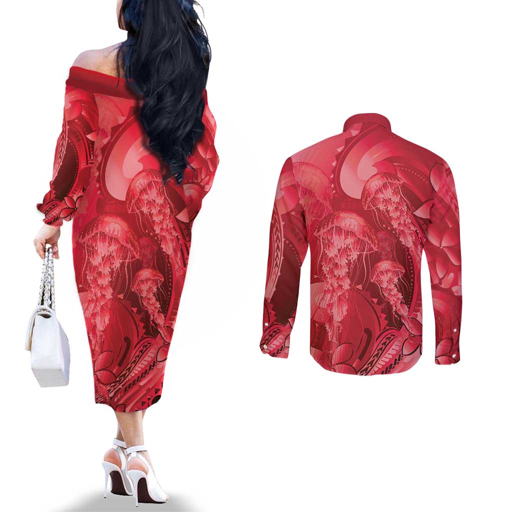Red Gradient Polynesia Jellyfish Couples Matching Off The Shoulder Long Sleeve Dress and Long Sleeve Button Shirt Plumeria Polynesian Tattoo Glowing Vibes LT14 - Polynesian Pride
