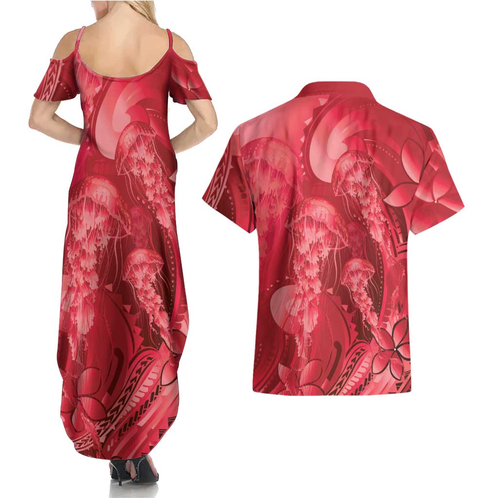 Red Gradient Polynesia Jellyfish Couples Matching Summer Maxi Dress and Hawaiian Shirt Plumeria Polynesian Tattoo Glowing Vibes LT14 - Polynesian Pride