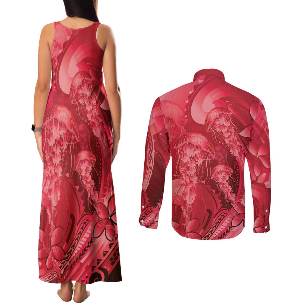 Red Gradient Polynesia Jellyfish Couples Matching Tank Maxi Dress and Long Sleeve Button Shirt Plumeria Polynesian Tattoo Glowing Vibes LT14 - Polynesian Pride