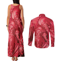 Red Gradient Polynesia Jellyfish Couples Matching Tank Maxi Dress and Long Sleeve Button Shirt Plumeria Polynesian Tattoo Glowing Vibes LT14 - Polynesian Pride