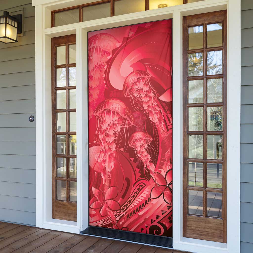 Red Gradient Polynesia Jellyfish Door Cover Plumeria Polynesian Tattoo Glowing Vibes