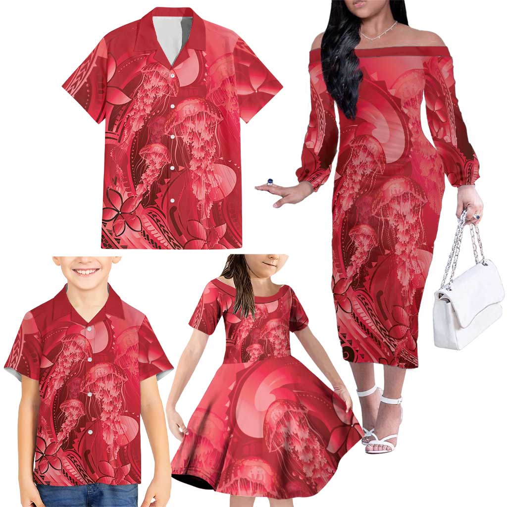 Red Gradient Polynesia Jellyfish Family Matching Off The Shoulder Long Sleeve Dress and Hawaiian Shirt Plumeria Polynesian Tattoo Glowing Vibes LT14 - Polynesian Pride