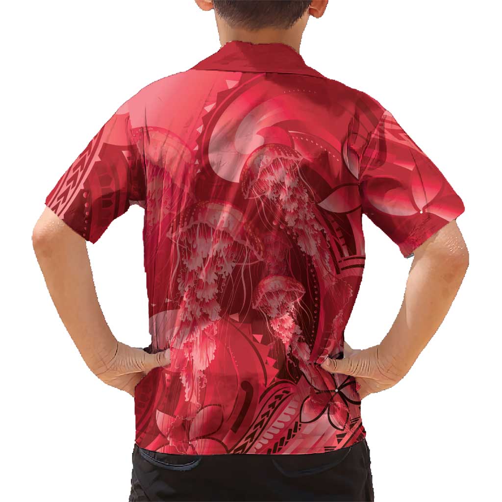 Red Gradient Polynesia Jellyfish Family Matching Off Shoulder Short Dress and Hawaiian Shirt Plumeria Polynesian Tattoo Glowing Vibes