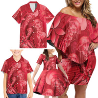 Red Gradient Polynesia Jellyfish Family Matching Off Shoulder Short Dress and Hawaiian Shirt Plumeria Polynesian Tattoo Glowing Vibes