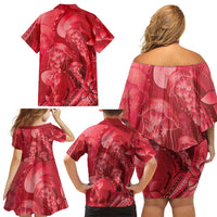 Red Gradient Polynesia Jellyfish Family Matching Off Shoulder Short Dress and Hawaiian Shirt Plumeria Polynesian Tattoo Glowing Vibes