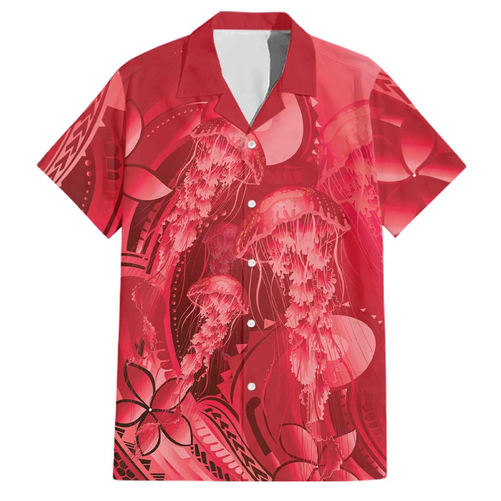 Red Gradient Polynesia Jellyfish Family Matching Off Shoulder Short Dress and Hawaiian Shirt Plumeria Polynesian Tattoo Glowing Vibes