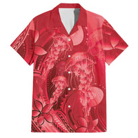 Red Gradient Polynesia Jellyfish Family Matching Off Shoulder Short Dress and Hawaiian Shirt Plumeria Polynesian Tattoo Glowing Vibes