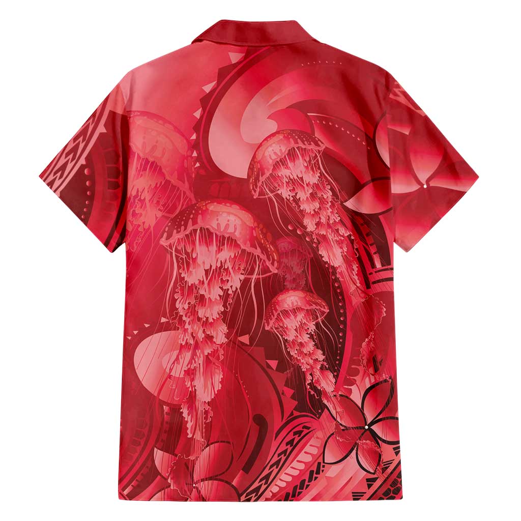 Red Gradient Polynesia Jellyfish Family Matching Off Shoulder Short Dress and Hawaiian Shirt Plumeria Polynesian Tattoo Glowing Vibes