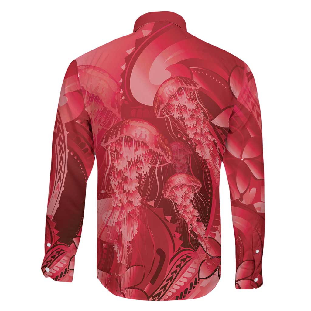 Red Gradient Polynesia Jellyfish Family Matching Off Shoulder Short Dress and Hawaiian Shirt Plumeria Polynesian Tattoo Glowing Vibes
