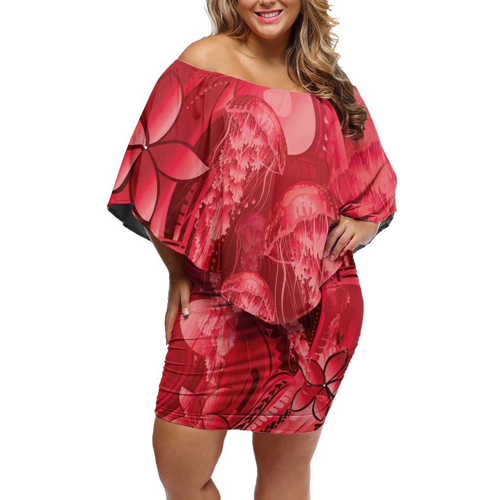 Red Gradient Polynesia Jellyfish Family Matching Off Shoulder Short Dress and Hawaiian Shirt Plumeria Polynesian Tattoo Glowing Vibes