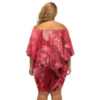 Red Gradient Polynesia Jellyfish Family Matching Off Shoulder Short Dress and Hawaiian Shirt Plumeria Polynesian Tattoo Glowing Vibes