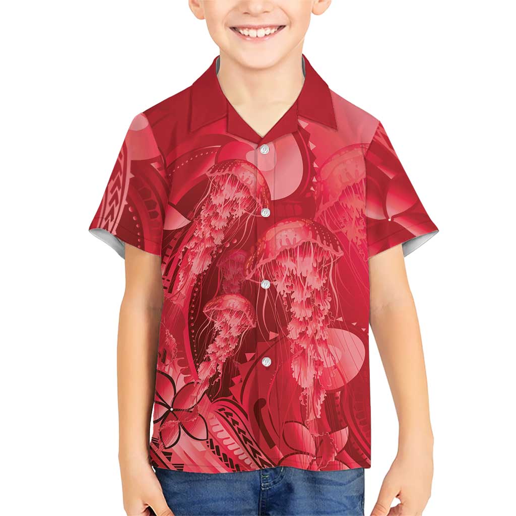 Red Gradient Polynesia Jellyfish Family Matching Off Shoulder Short Dress and Hawaiian Shirt Plumeria Polynesian Tattoo Glowing Vibes