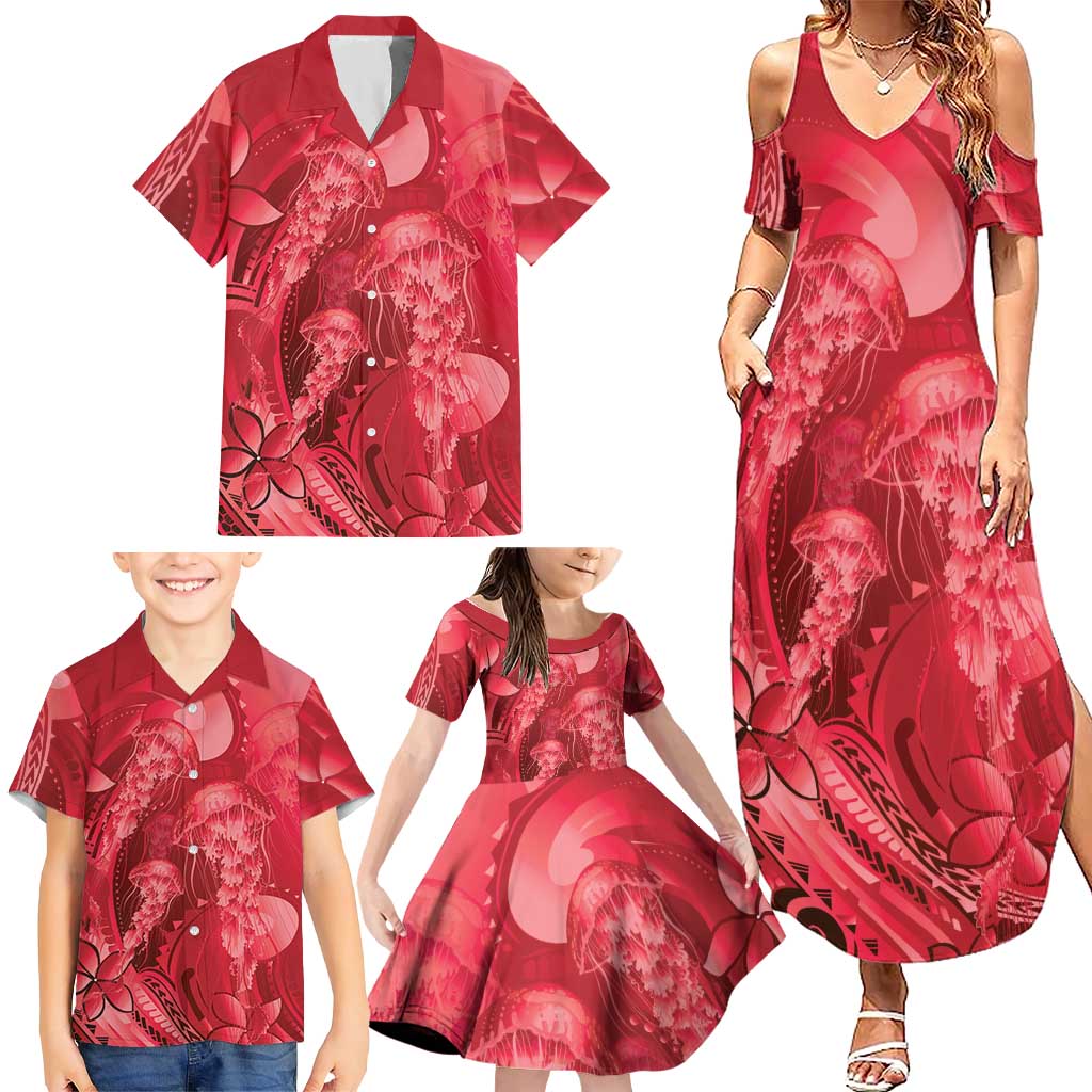 Red Gradient Polynesia Jellyfish Family Matching Summer Maxi Dress and Hawaiian Shirt Plumeria Polynesian Tattoo Glowing Vibes