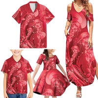 Red Gradient Polynesia Jellyfish Family Matching Summer Maxi Dress and Hawaiian Shirt Plumeria Polynesian Tattoo Glowing Vibes