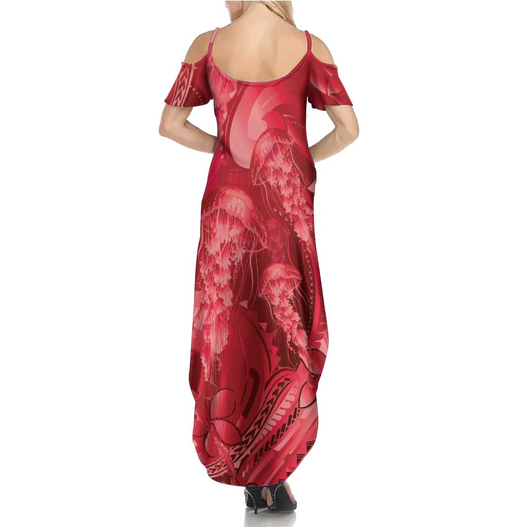 Red Gradient Polynesia Jellyfish Family Matching Summer Maxi Dress and Hawaiian Shirt Plumeria Polynesian Tattoo Glowing Vibes