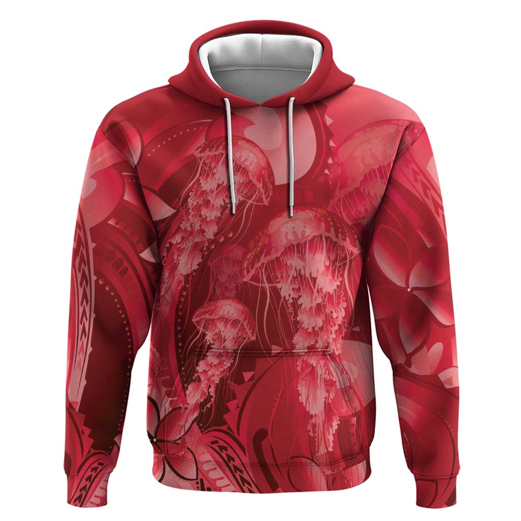 Red Gradient Polynesia Jellyfish Hoodie Plumeria Polynesian Tattoo Glowing Vibes LT14 Pullover Hoodie Red - Polynesian Pride