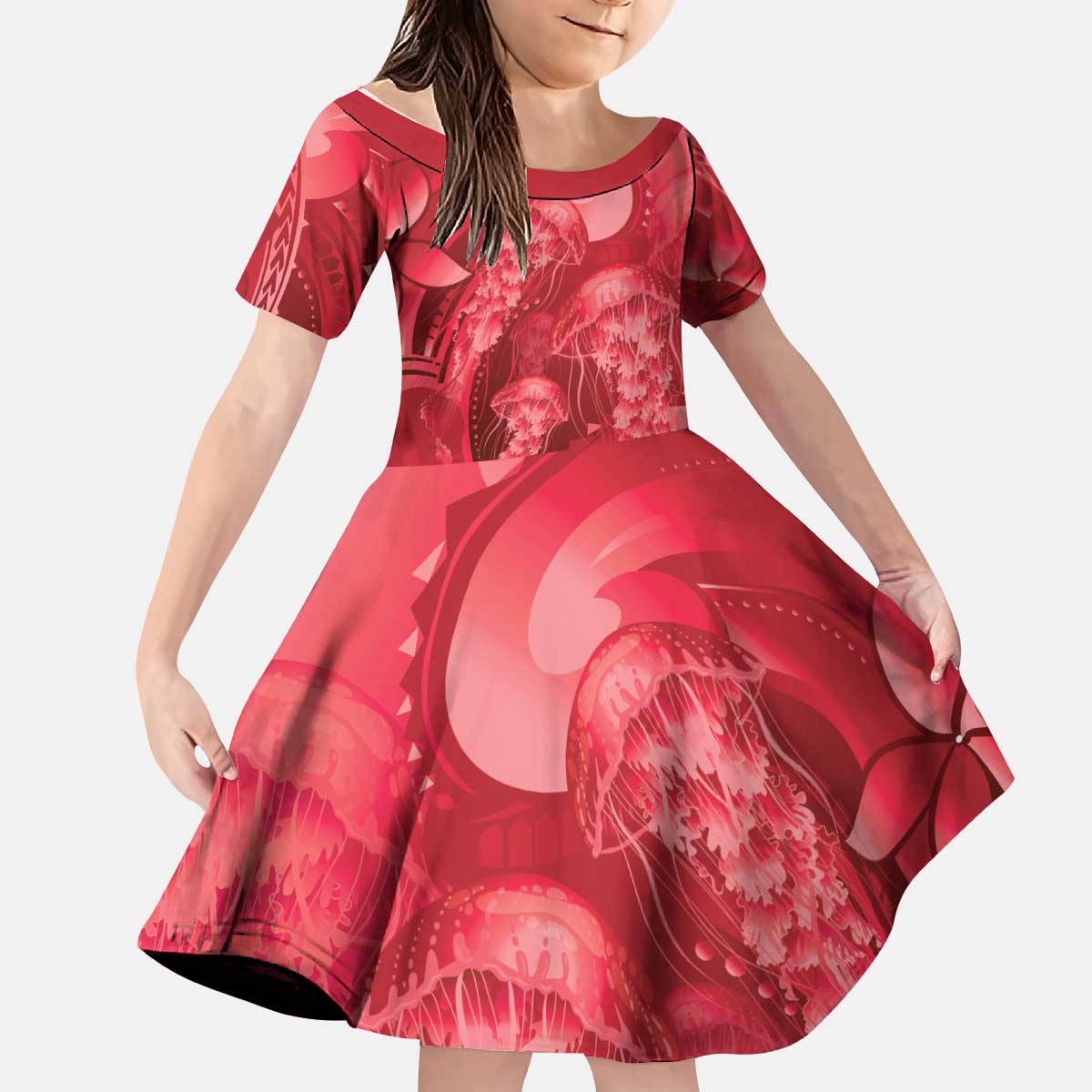 Red Gradient Polynesia Jellyfish Kid Short Sleeve Dress Plumeria Polynesian Tattoo Glowing Vibes