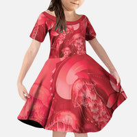 Red Gradient Polynesia Jellyfish Kid Short Sleeve Dress Plumeria Polynesian Tattoo Glowing Vibes
