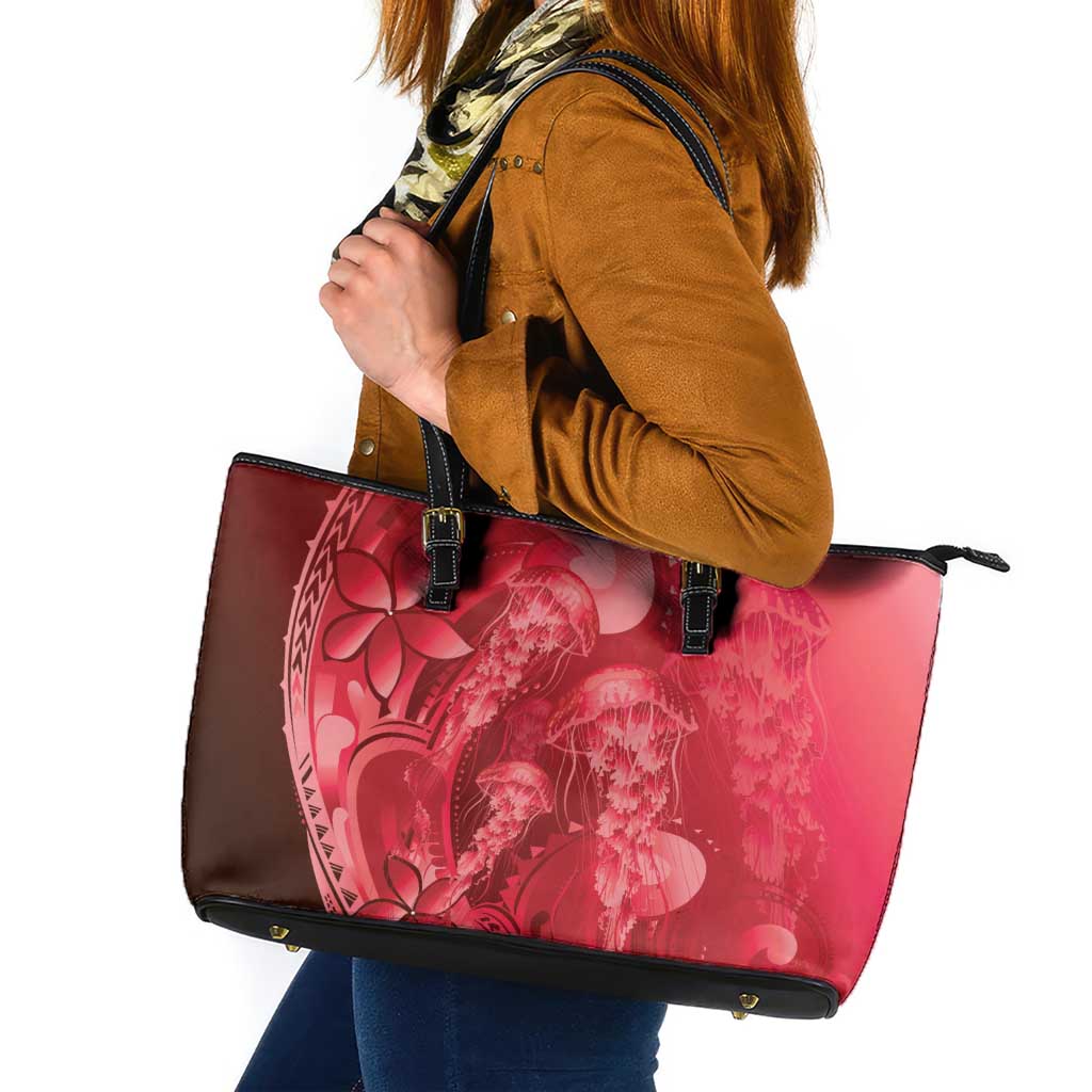 Red Gradient Polynesia Jellyfish Leather Tote Bag Plumeria Polynesian Tattoo Glowing Vibes