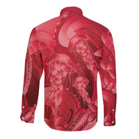 Red Gradient Polynesia Jellyfish Long Sleeve Button Shirt Plumeria Polynesian Tattoo Glowing Vibes