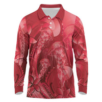 Red Gradient Polynesia Jellyfish Long Sleeve Polo Shirt Plumeria Polynesian Tattoo Glowing Vibes