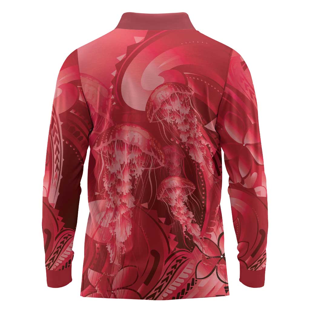 Red Gradient Polynesia Jellyfish Long Sleeve Polo Shirt Plumeria Polynesian Tattoo Glowing Vibes