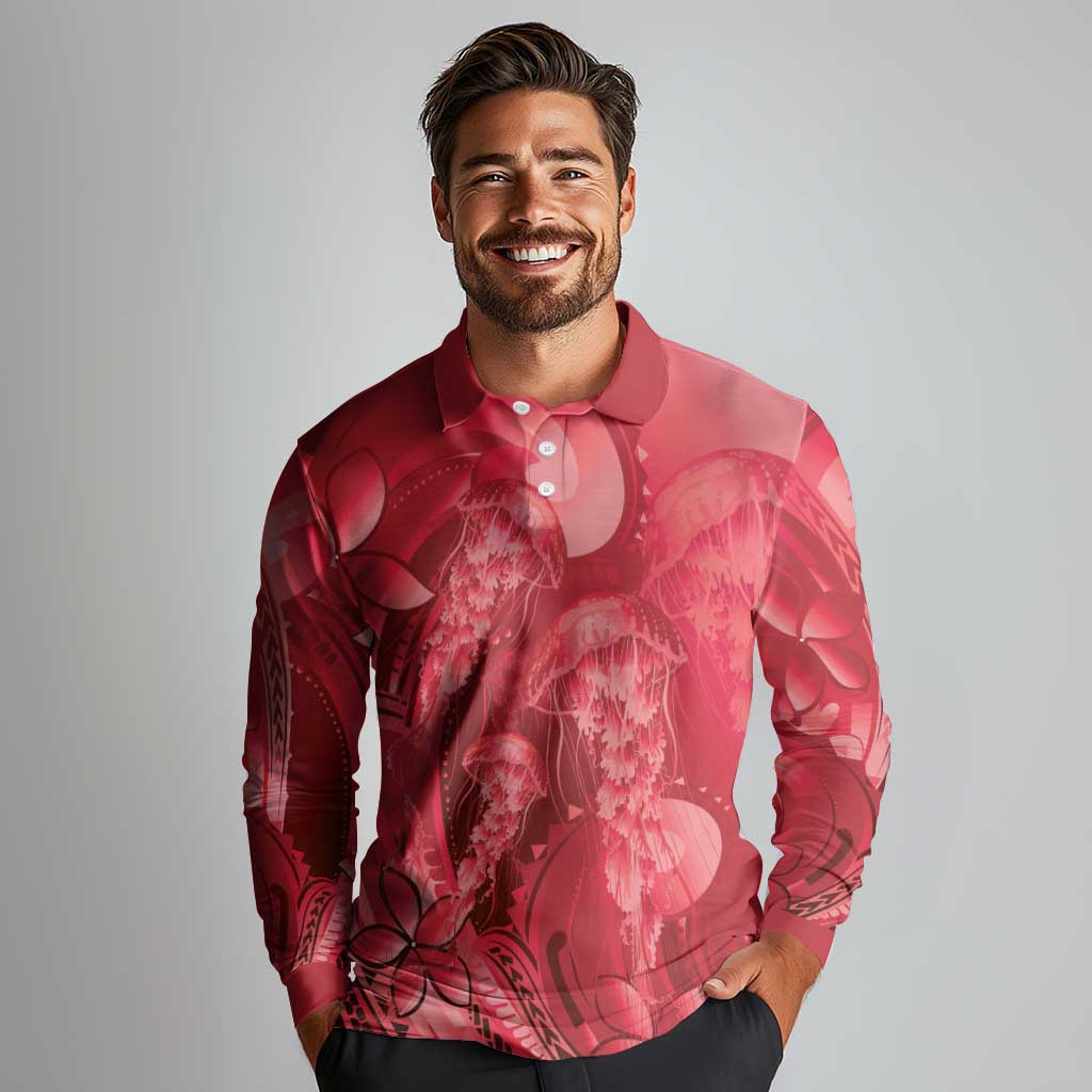 Red Gradient Polynesia Jellyfish Long Sleeve Polo Shirt Plumeria Polynesian Tattoo Glowing Vibes