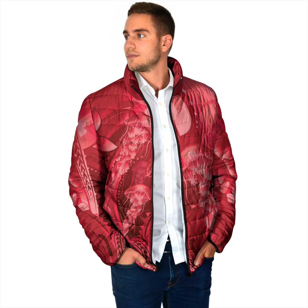 Red Gradient Polynesia Jellyfish Padded Jacket Plumeria Polynesian Tattoo Glowing Vibes