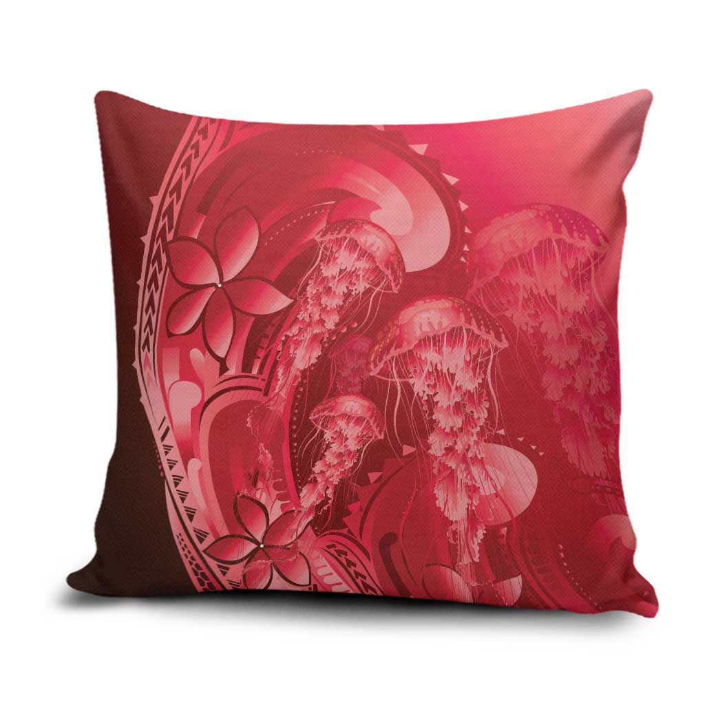 Red Gradient Polynesia Jellyfish Pillow Cover Plumeria Polynesian Tattoo Glowing Vibes