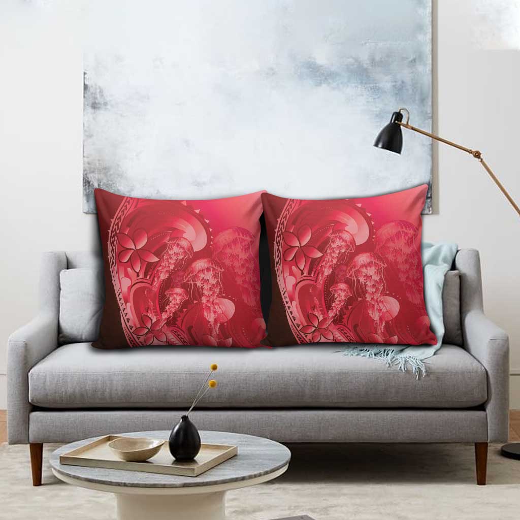 Red Gradient Polynesia Jellyfish Pillow Cover Plumeria Polynesian Tattoo Glowing Vibes