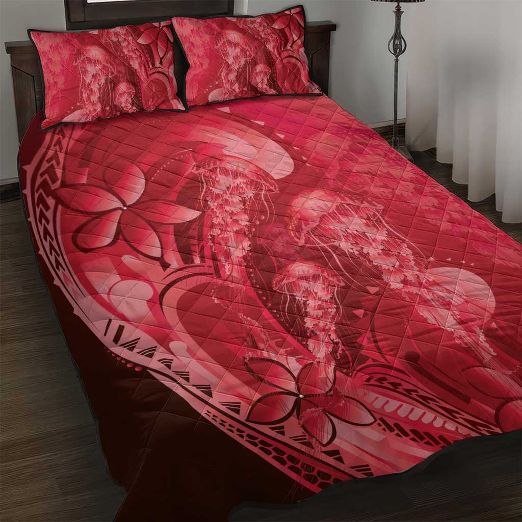 Red Gradient Polynesia Jellyfish Quilt Bed Set Plumeria Polynesian Tattoo Glowing Vibes LT14 Red - Polynesian Pride