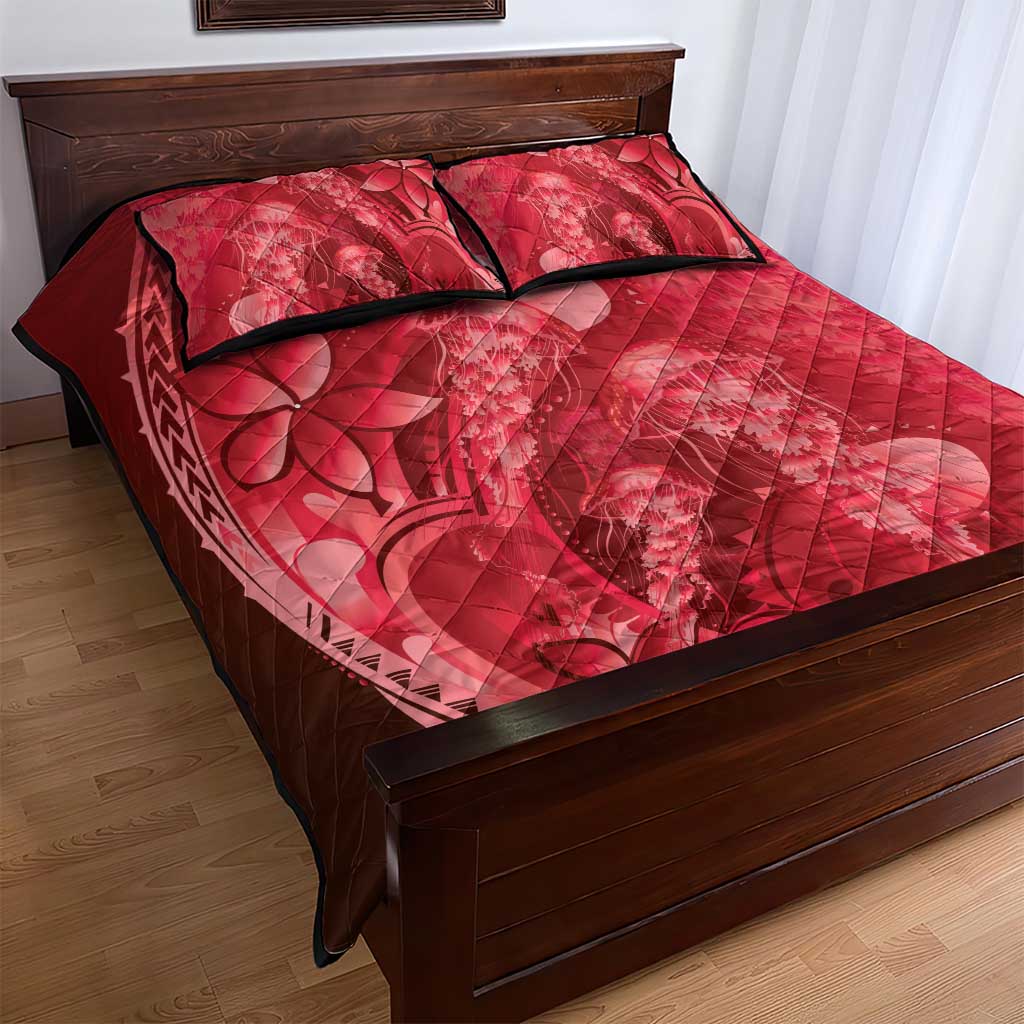 Red Gradient Polynesia Jellyfish Quilt Bed Set Plumeria Polynesian Tattoo Glowing Vibes