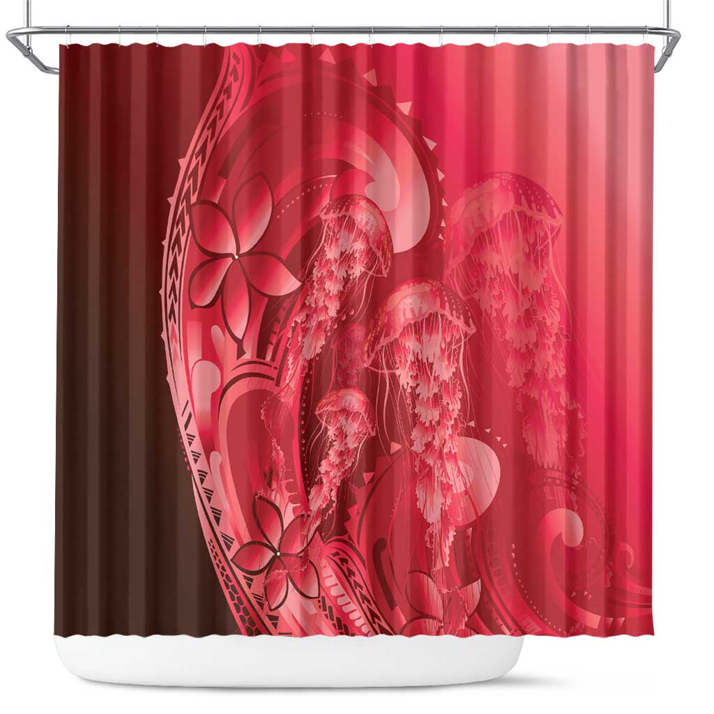 Red Gradient Polynesia Jellyfish Shower Curtain Plumeria Polynesian Tattoo Glowing Vibes