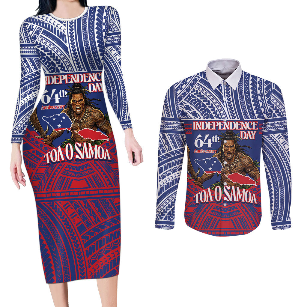 Personalised Samoa Independence Day Couples Matching Long Sleeve Bodycon Dress and Long Sleeve Button Shirt 64th Anniversary Toa O Samoa