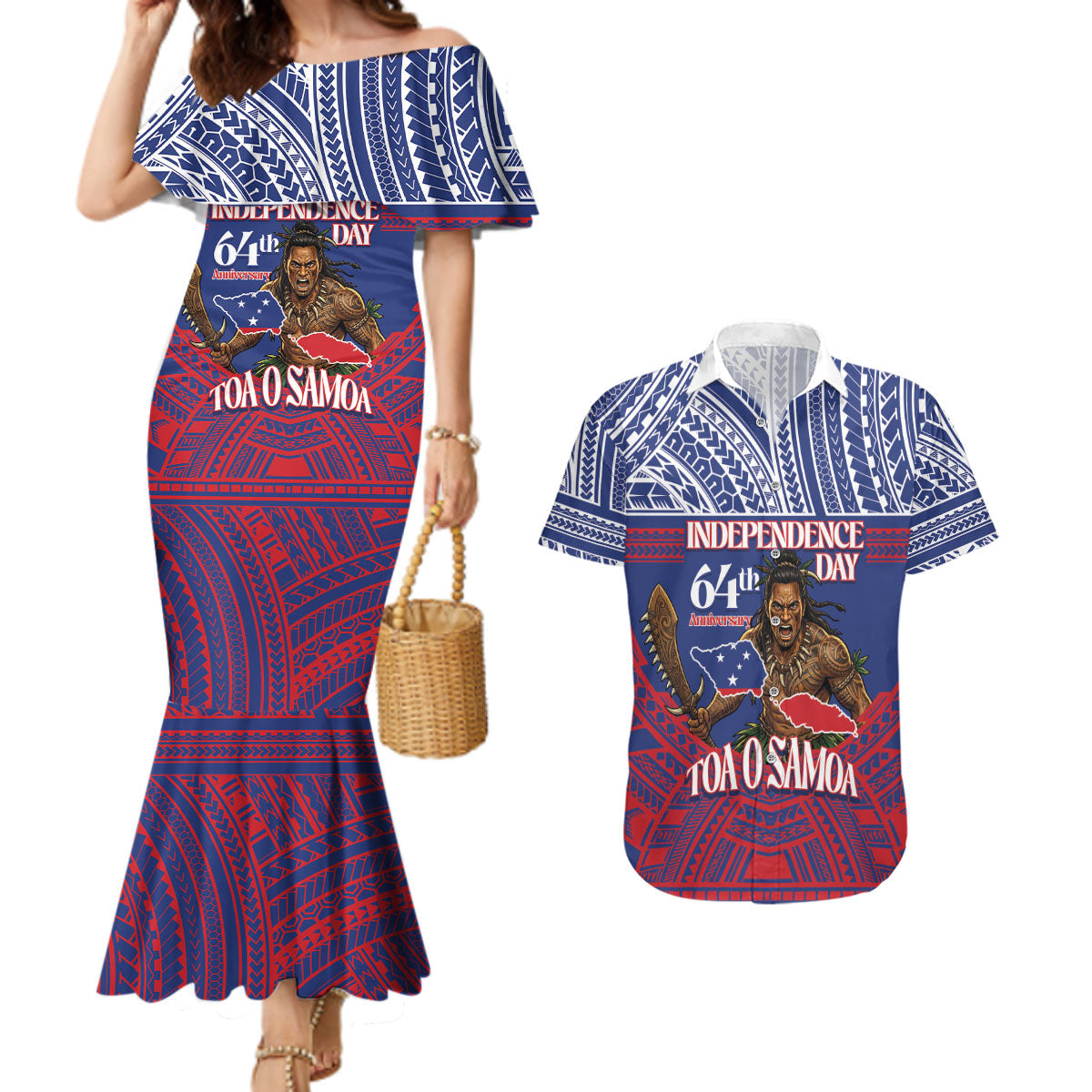 Personalised Samoa Independence Day Couples Matching Mermaid Dress and Hawaiian Shirt 64th Anniversary Toa O Samoa