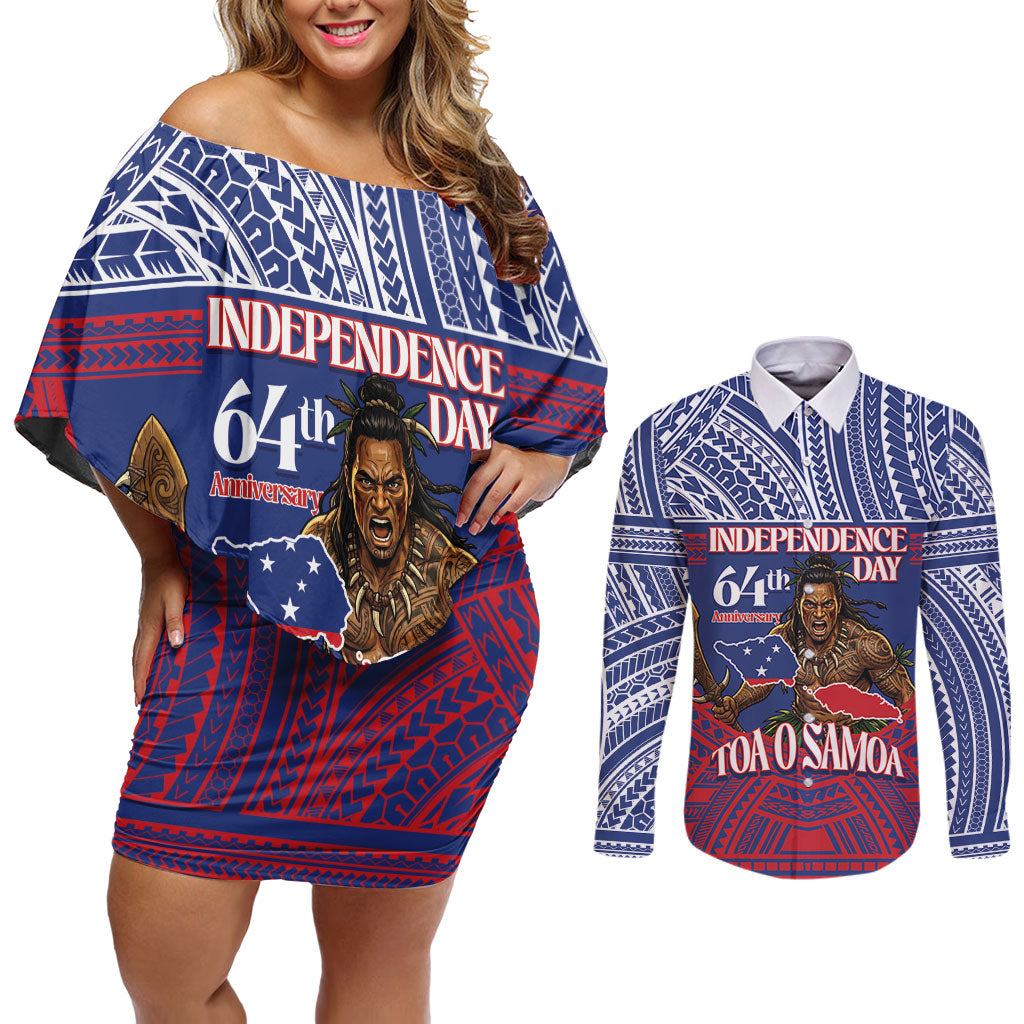 Personalised Samoa Independence Day Couples Matching Off Shoulder Short Dress and Long Sleeve Button Shirt 64th Anniversary Toa O Samoa LT14 Blue - Polynesian Pride