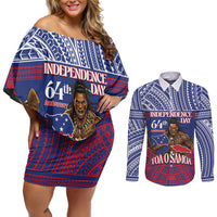Personalised Samoa Independence Day Couples Matching Off Shoulder Short Dress and Long Sleeve Button Shirt 64th Anniversary Toa O Samoa LT14 Blue - Polynesian Pride